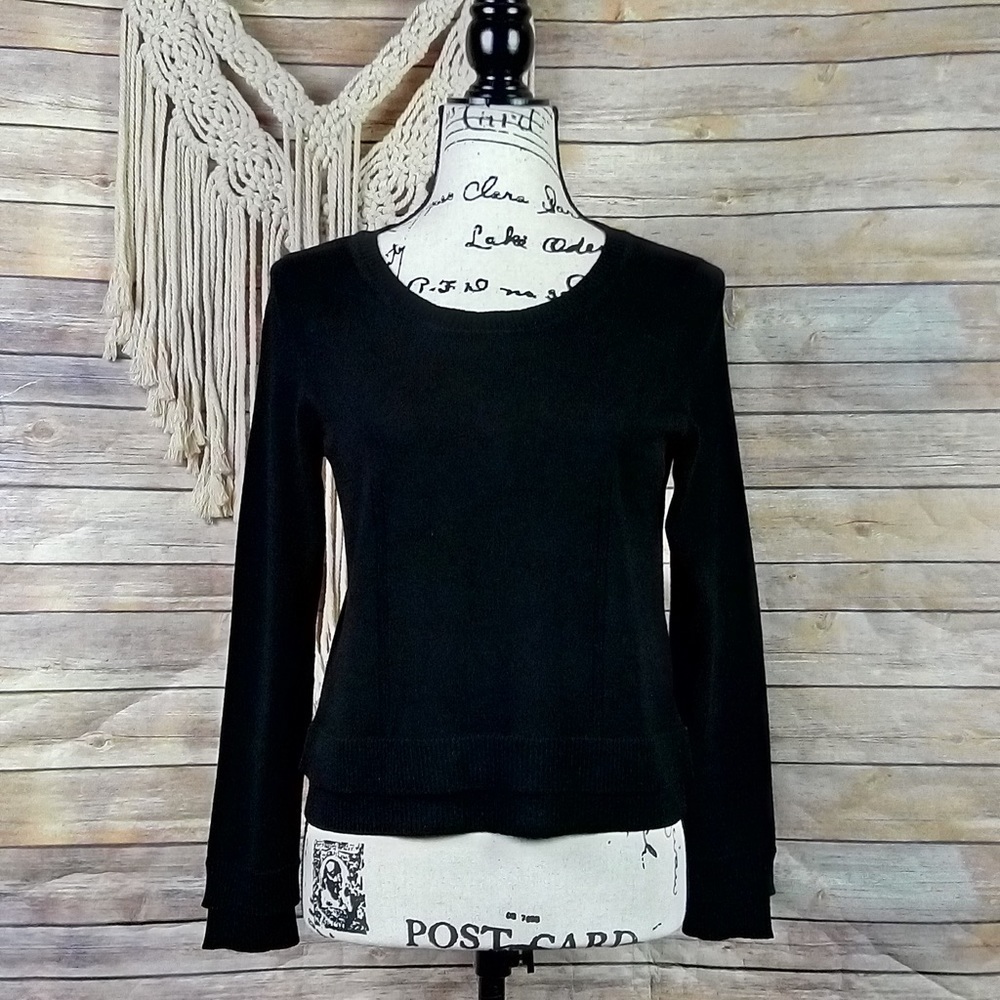 Milly | Black Wool Eyelet Layered Effect Crew Neck Pullover Style Sweater Top